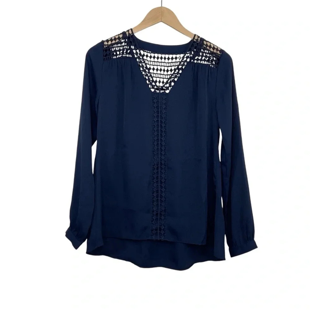 WHBM Blue Cutout Long Sleeve Blouse V-Neck Size 00